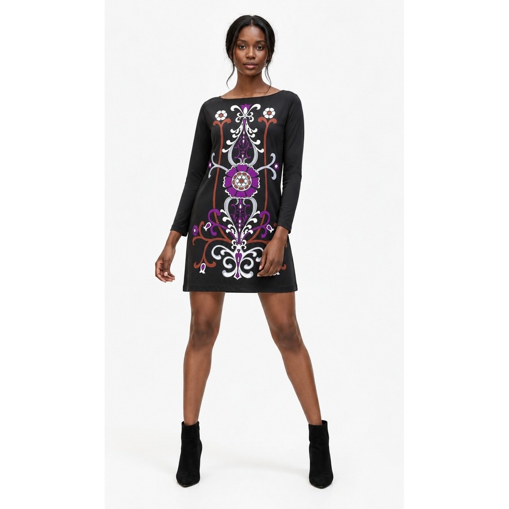 Tibi Shift Dress Black Floral Medallion Print 3/4 Sleeve Sz S Retro Boho Artsy